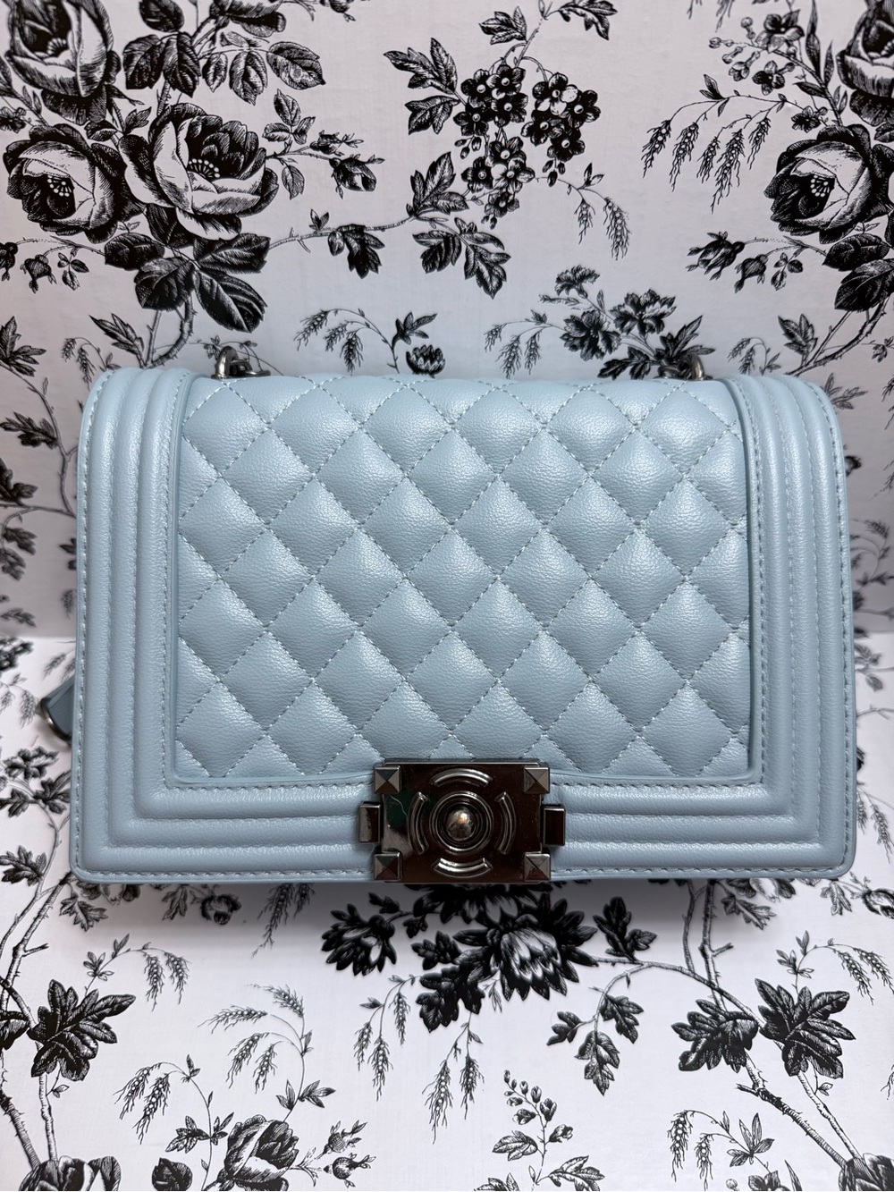 Quilted Light Blue Leather Shoulder Bag